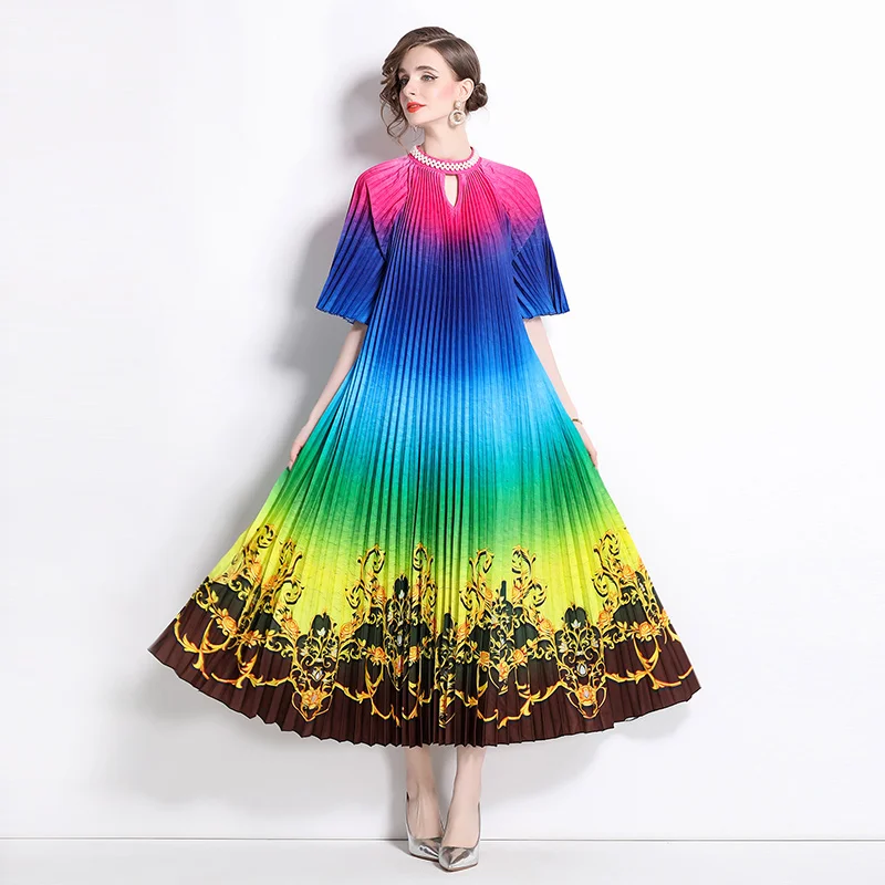 Miyake 2024 High-end Bead Positioning Printing Pleated Pearl Buckle Pleated Dress  Robe Manches Chauve Souris Femme