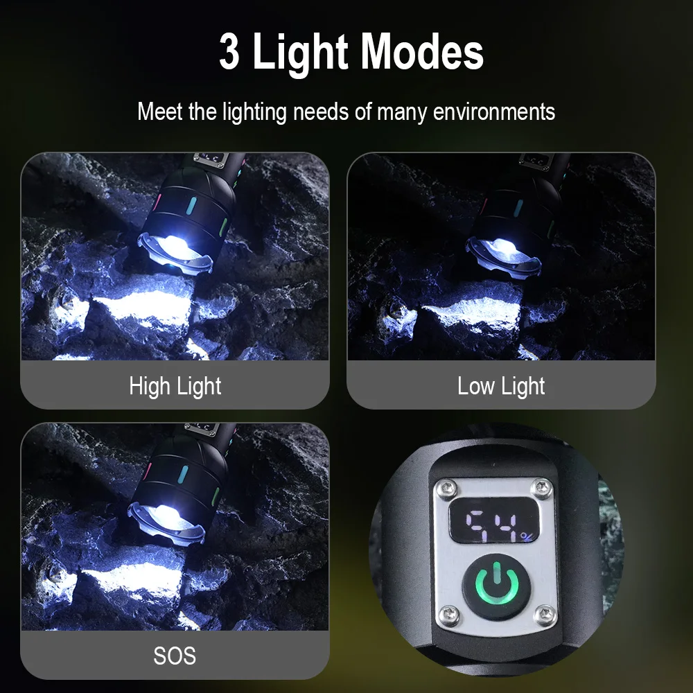 BORUiT A15 Senter LED Kuat 1200LM 26650 Lampu Senter Zoom Isi Ulang Tipe C dengan Tampilan Digital untuk Berkemah Luar Ruangan