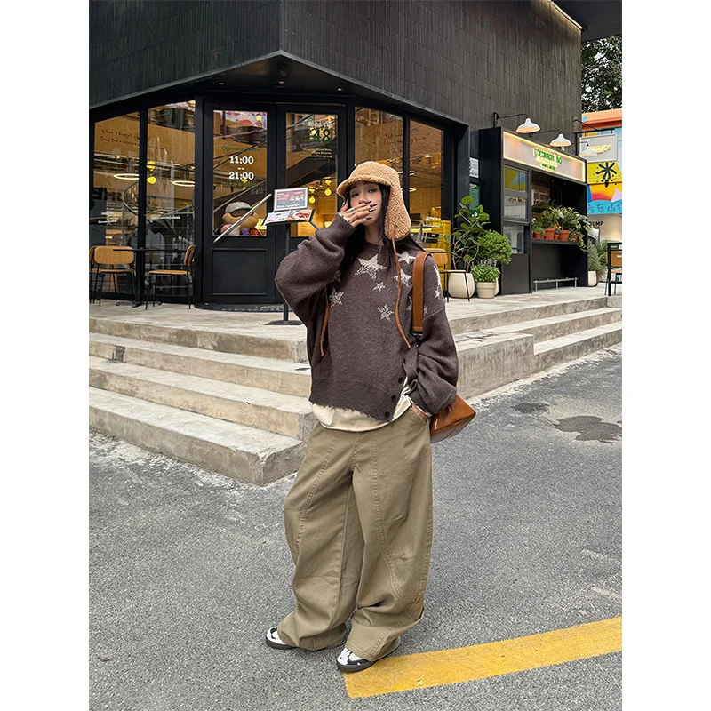 سترة نسائية مطبوعة عتيقة Y2K Harajuku بلوفرات محبوكة ملابس خروج بأكمام طويلة ملابس شتوية كورية فضفاضة برقبة دائرية