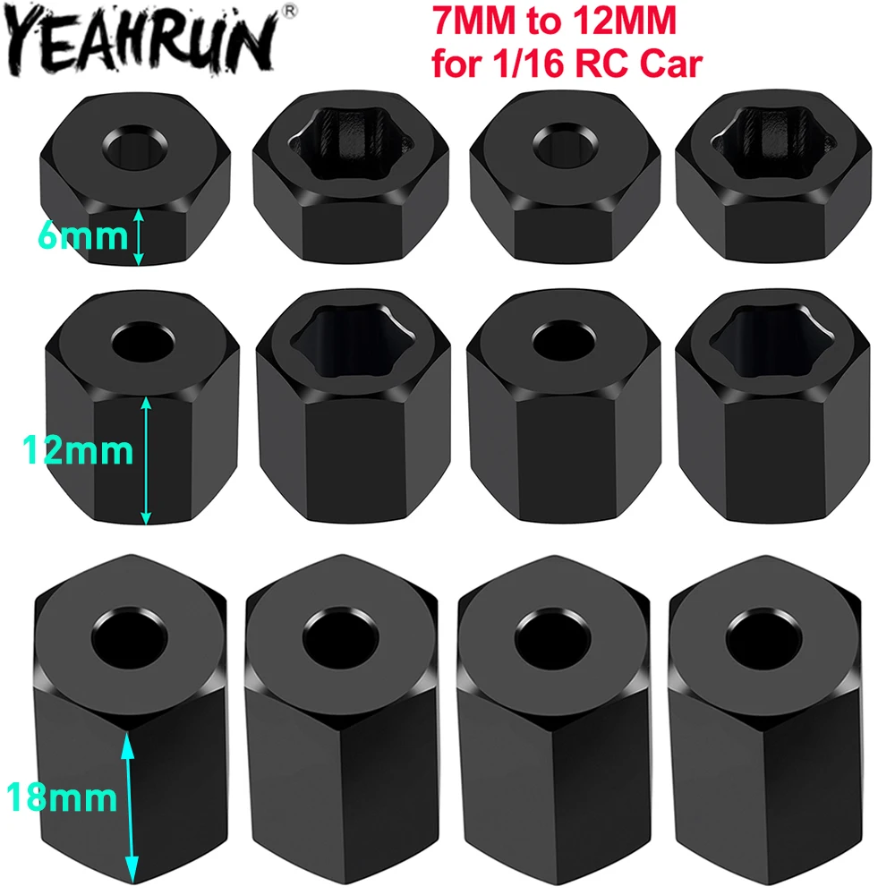 YEAHRUN 4Pcs Aluminum 7mm to 12mm Wheel Hex Hub Adapters Conversion for 1/16 RC Truck Buggy Car Upgrade Parts