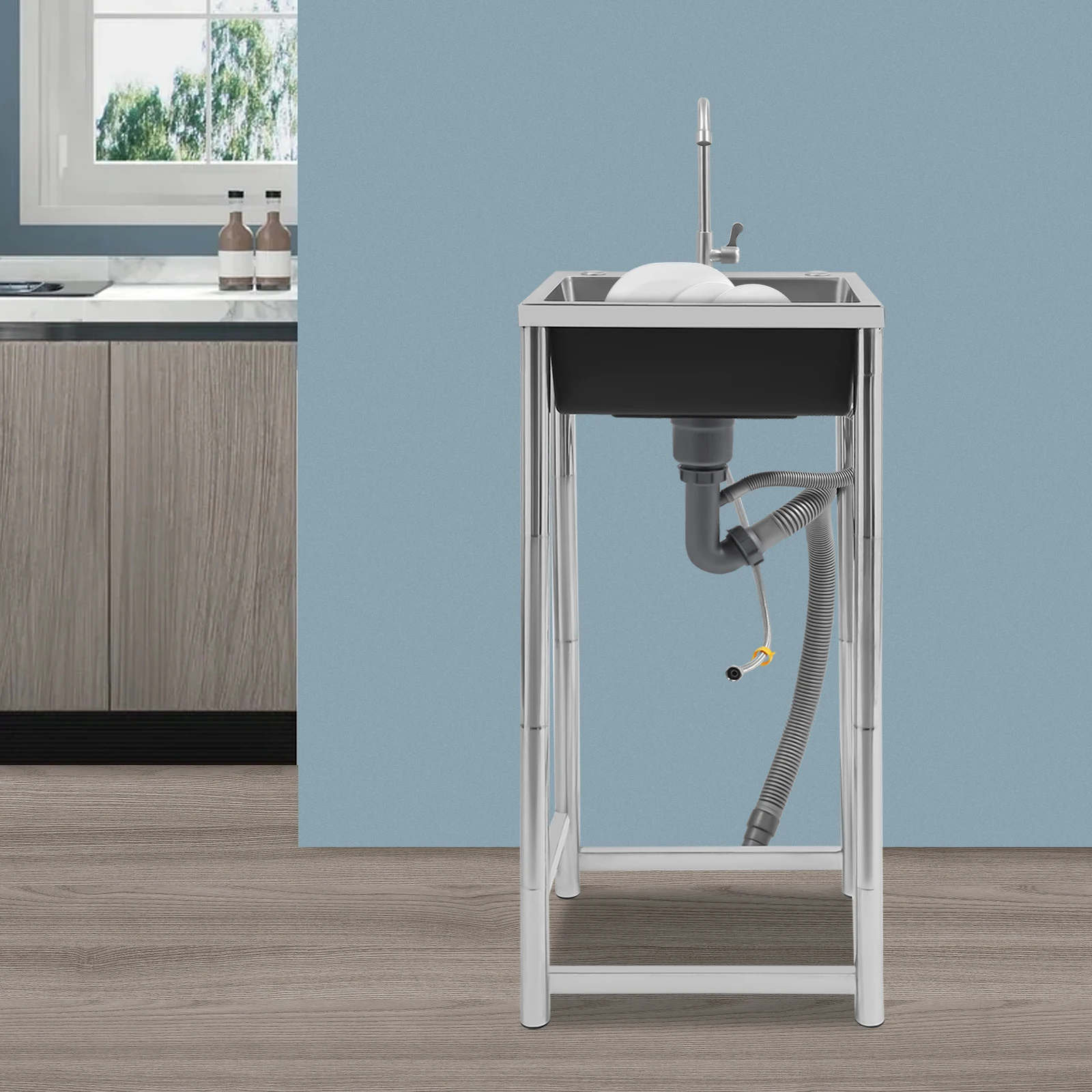 حوض تجاري من الفولاذ المقاوم للصدأ قائم بذاته مع صنبور حوض واحد للمطبخ وغرفة الغسيل والمطعم