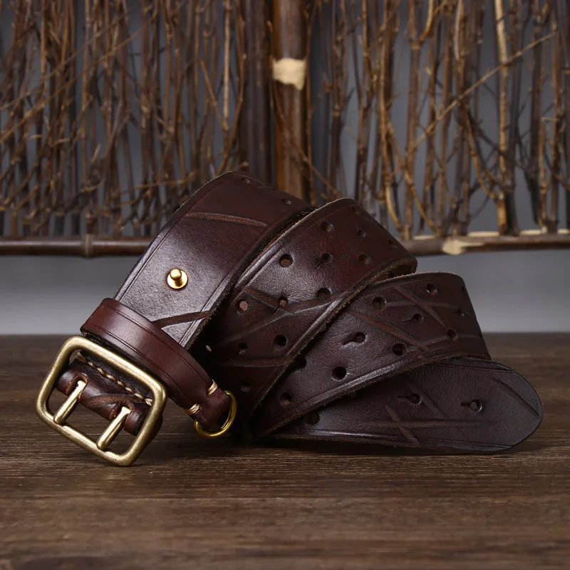 3.8CM Vintage Distressed Double Pin Buckle Men Belt Genuine Leather Pure Cowhide Jeans Belt
