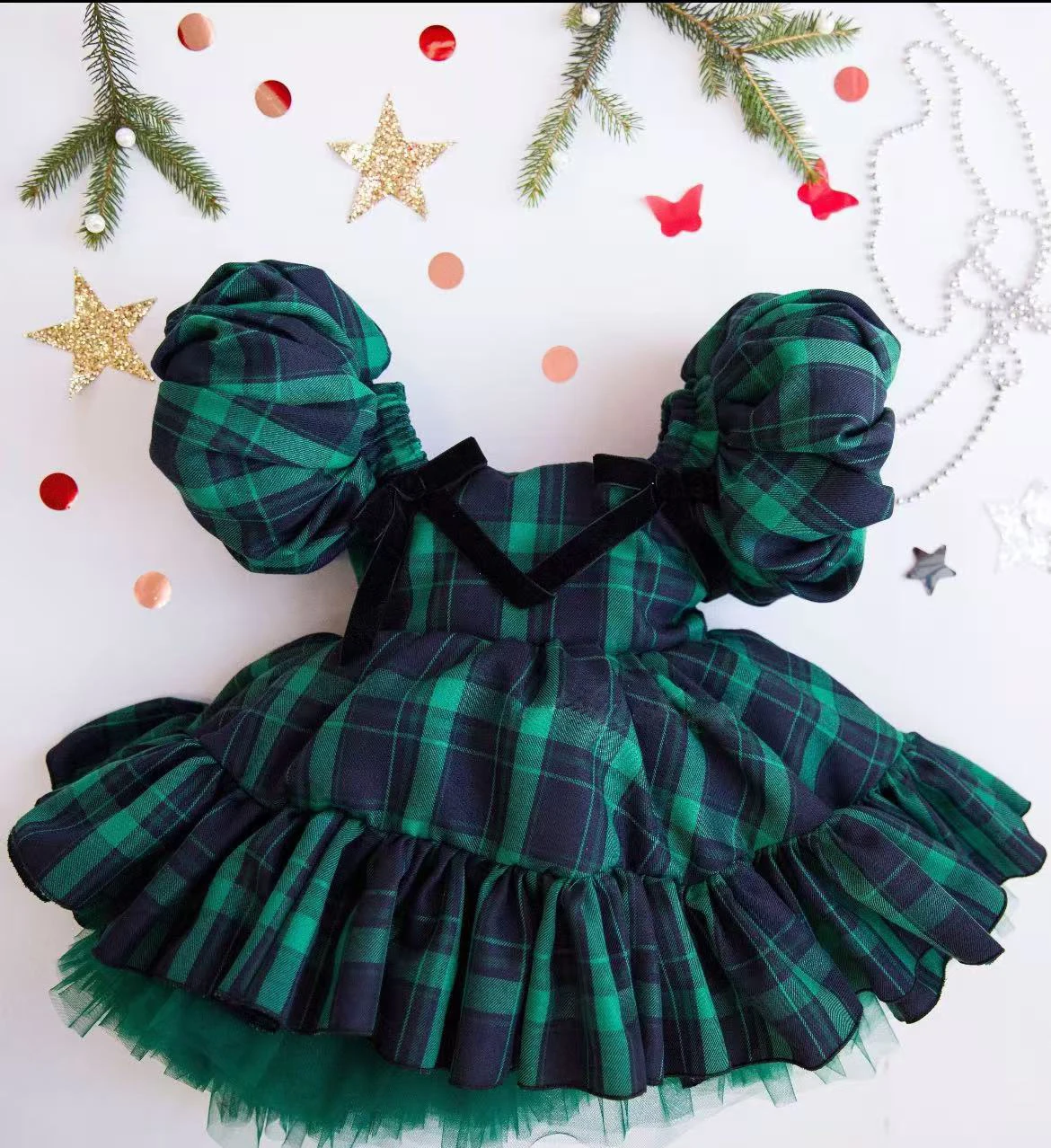 0-12Y Baby Girl Summer Autumn Green Plaid Vintage Spanish Princess Ball Gown Dress for Eid Causal Christmas C157