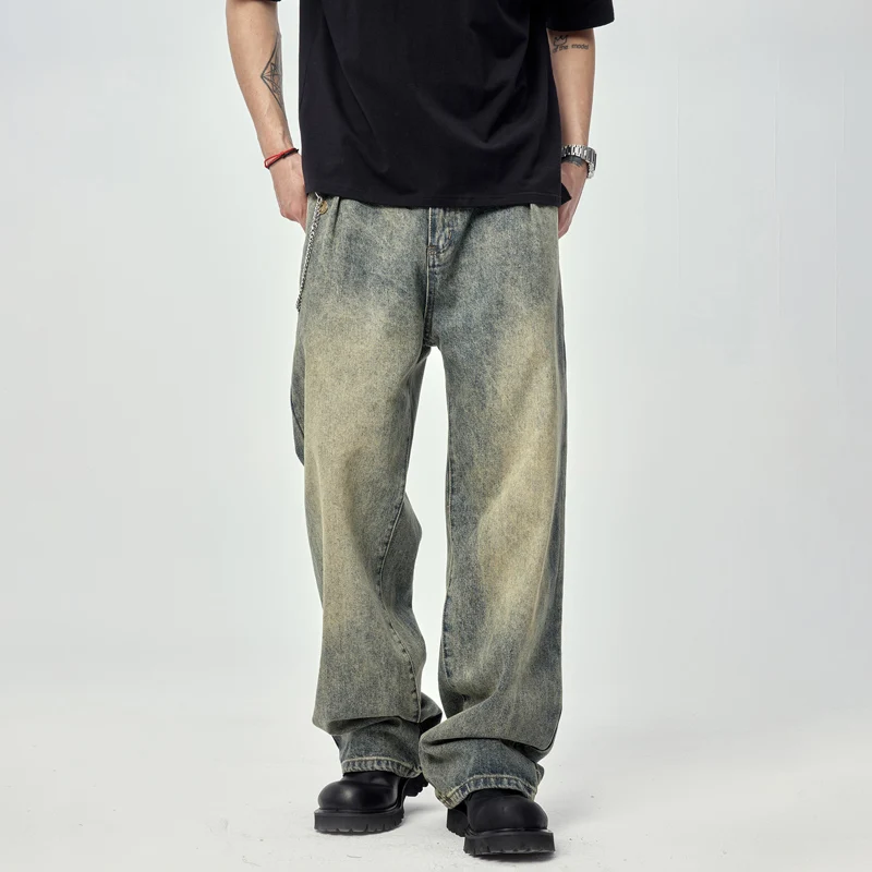 Street Washed-out Vintage Jeans Men's Loose Straight Korean Style Trendy All-Match Nostalgic Mop Wide Leg Pants