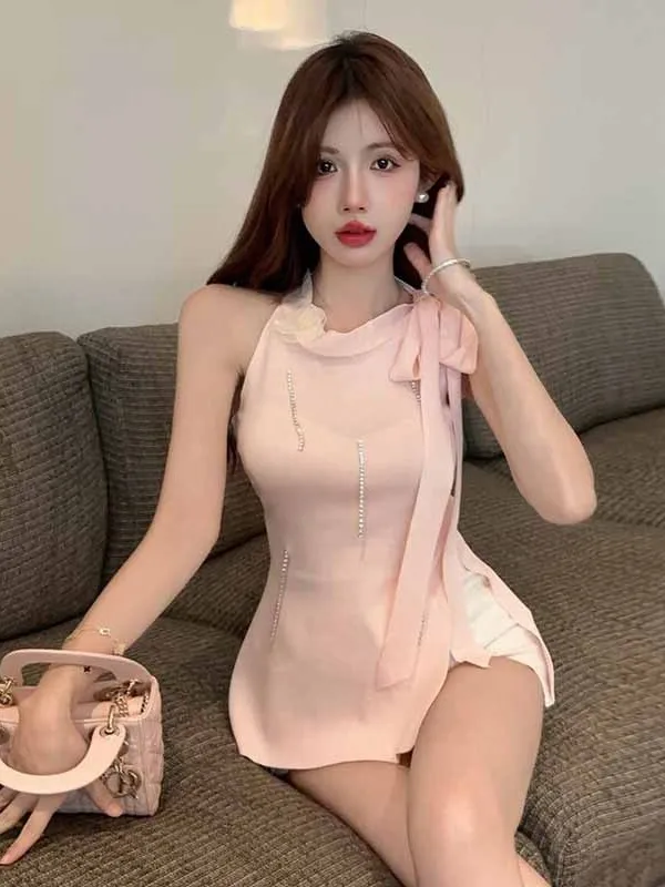 2024 Summer Premium Lace Up Bow Slit Slim Half High Collar Sleeveless Knit Vest Women Cinching Waist Slim Irregular Top ASRT