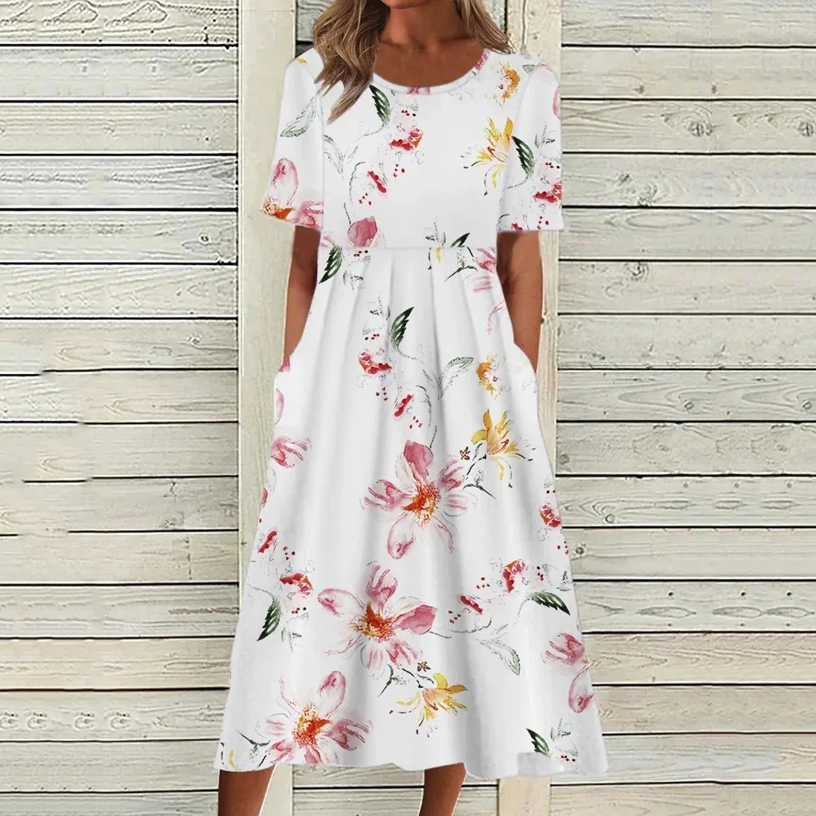 Summer Chiffon Casual Beach Vestidos Mujer Boho Flower Print Women Short Sleeve O-Neck Loose Dress Pockets Retro A-Line Dresses