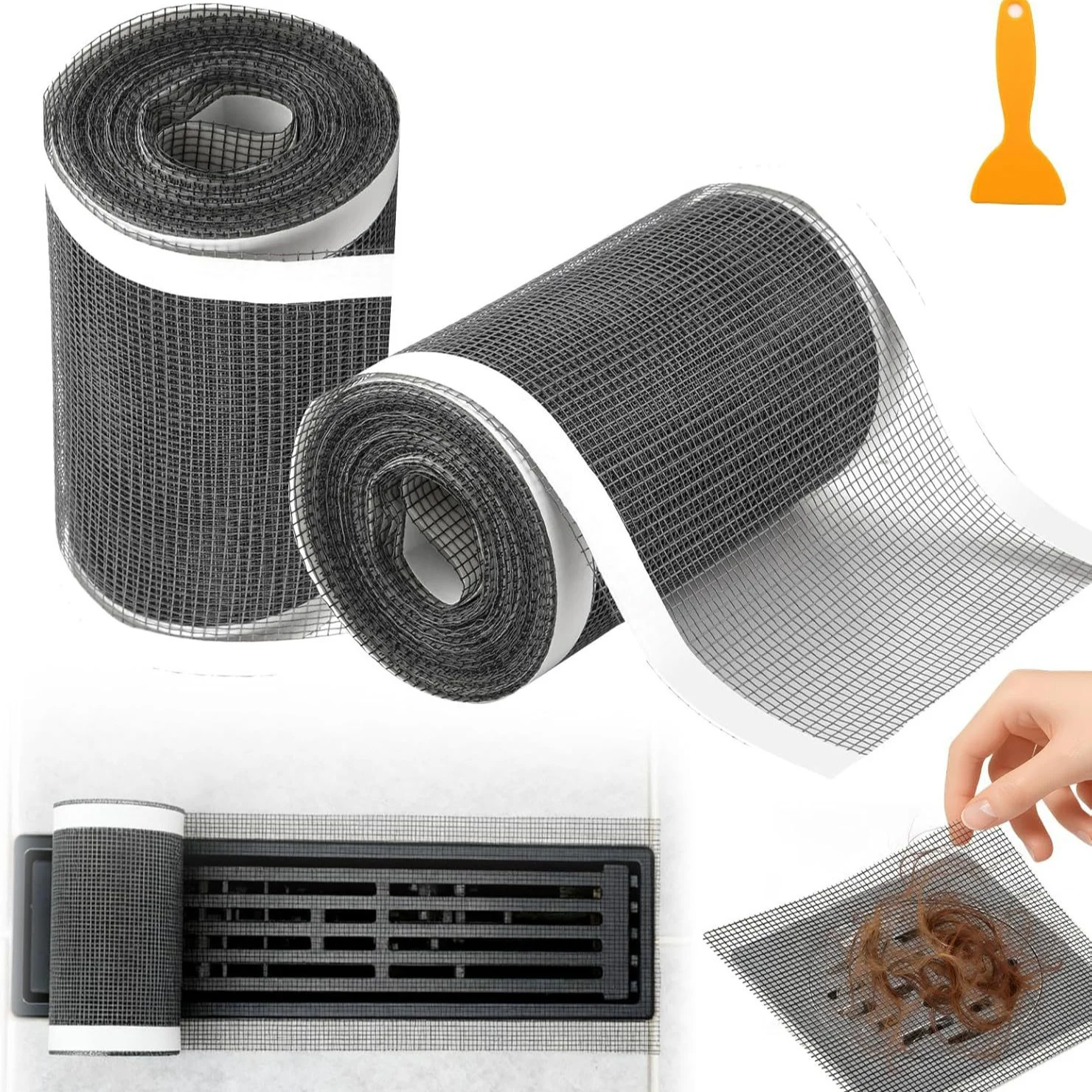 2 Rolls Drain Filter Strips, Shower Drain Stickers with Scraper, Bathroom Anti-Clog Hair Catcher for Floor Drain and Sink Use