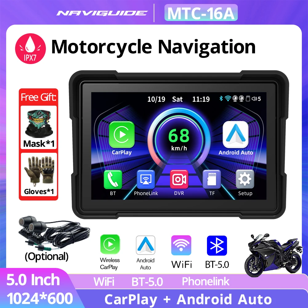 

NAVIGUIDE 5inch 1024*600 Wireless Carplay Android Auto Motorcycle Navigation IPX7 Waterproof Monitor Front Rear Cameras Optional
