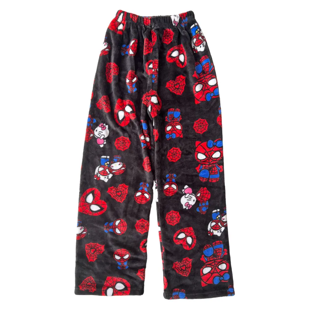 Pantalones de dormir de Hombre Araña, pijama de Hello Kitty de Anime, franela suave, pantalones informales de dibujos animados para el hogar, regalos para pareja, novedad de 2024