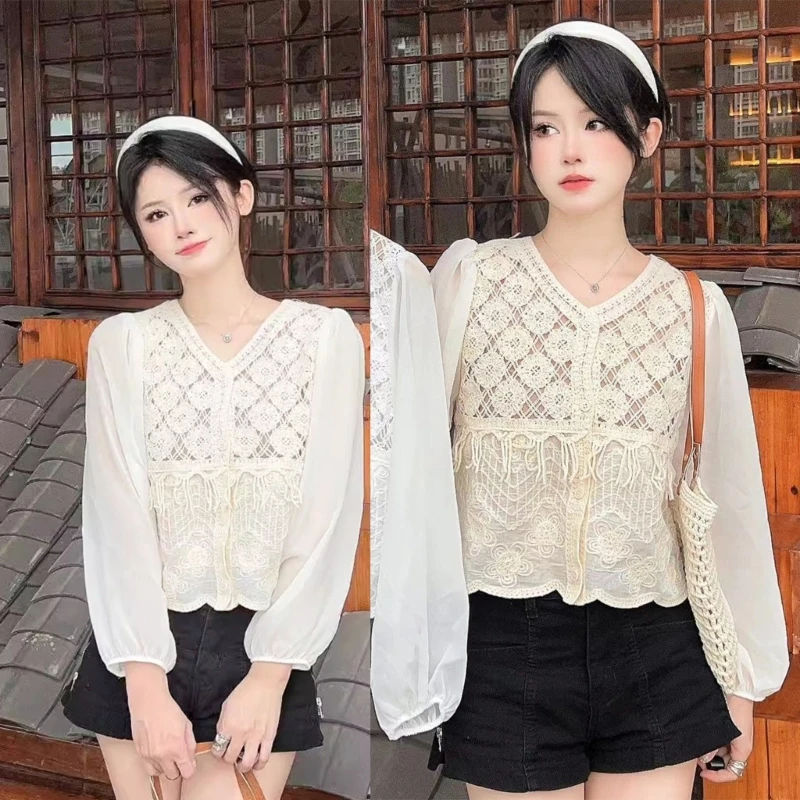 

F42F Hollow Out Crochet Knit Embroidery Flower Cardigan for Women Chiffon Puff Long Sleeve Button Up Loose Blouse Crop Top