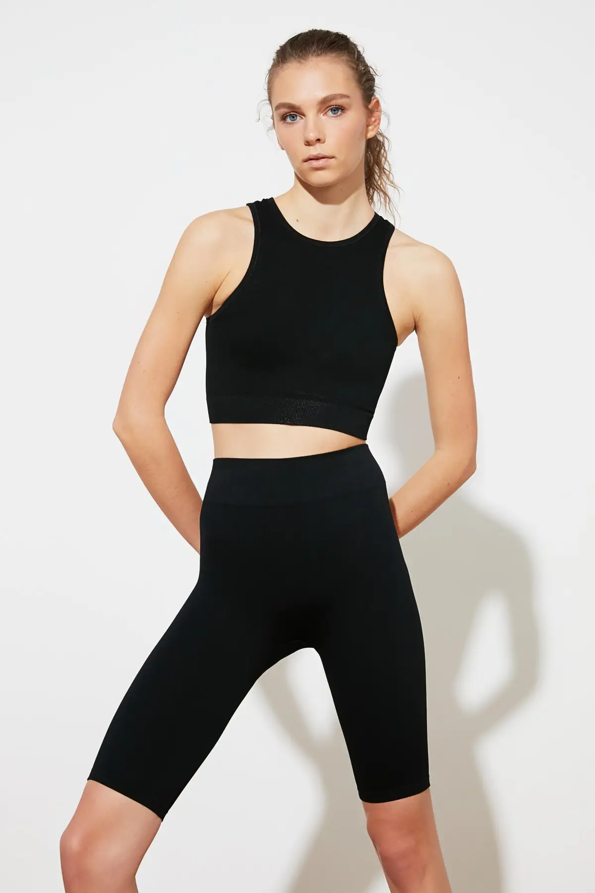 Turkish Textile Black Seamless Ribbed Biker Sports Leggings Turkey Production