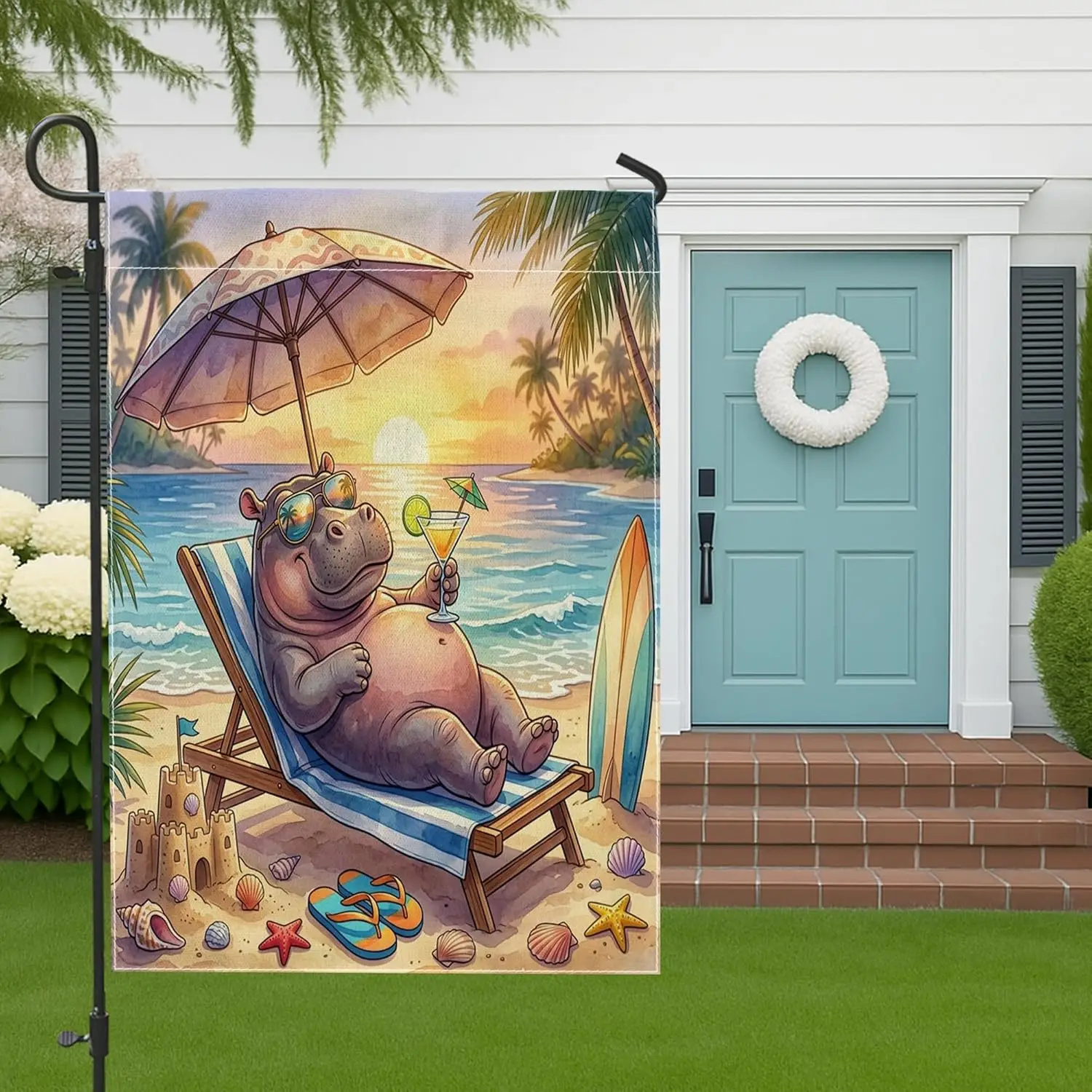Summer Beach Hippo Garden Flags 12x18 Inch for Outside, Tropical Coastal Beachy Lounger Standard Vertical Linen Flags, Fun A AAS