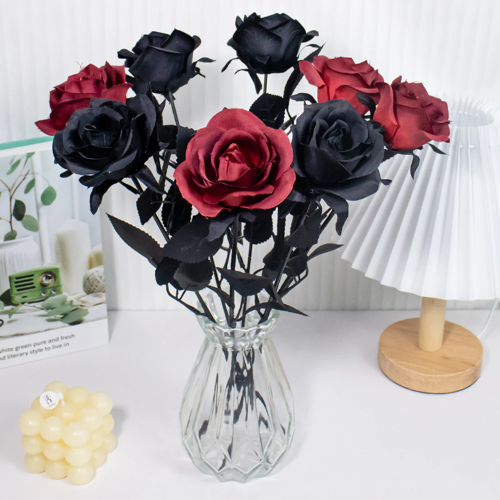 

3pcs 36cm Flower Ornament Artificial Simulated Gauze Black Red Rose For Fireplace Garden Table Decor Halloween Party Decorations