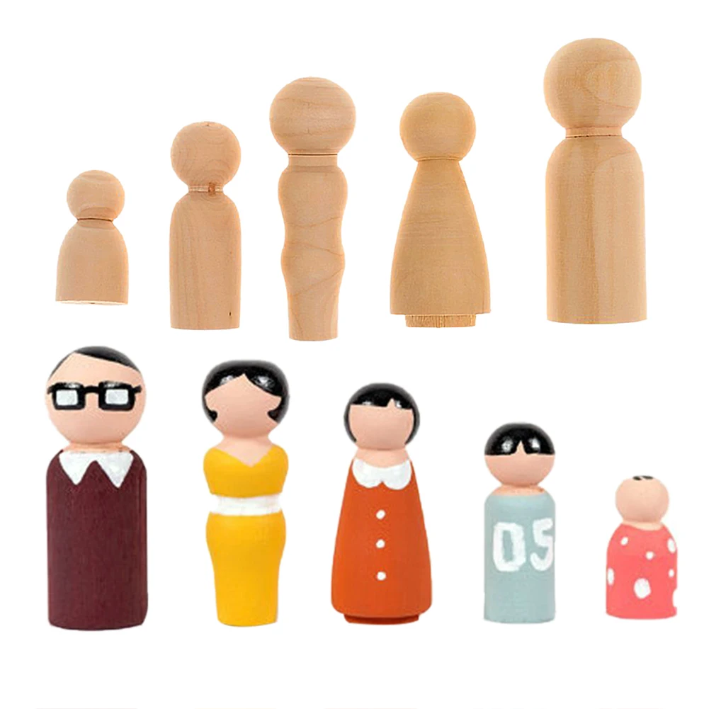 Wooden Peg Dolls Family Five People DIY Crafts Unfinished Toys Children's Painted Doodle Natural Color Ornaments 5pcs Puppet