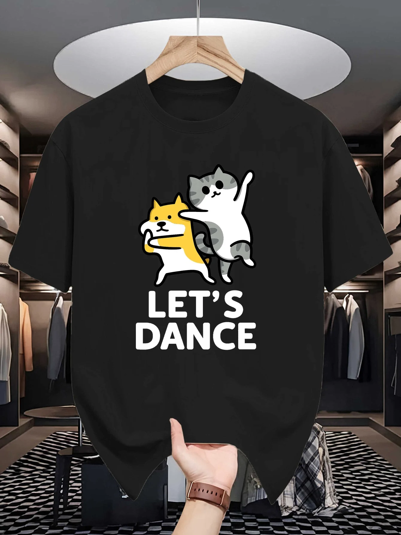 Mens Crew Neck T Shirt Funny Lets Dance Dancing Cat Dog Cartoon Pet Graphic Short Sleeve Casual Cotton Trendy Summer Tops