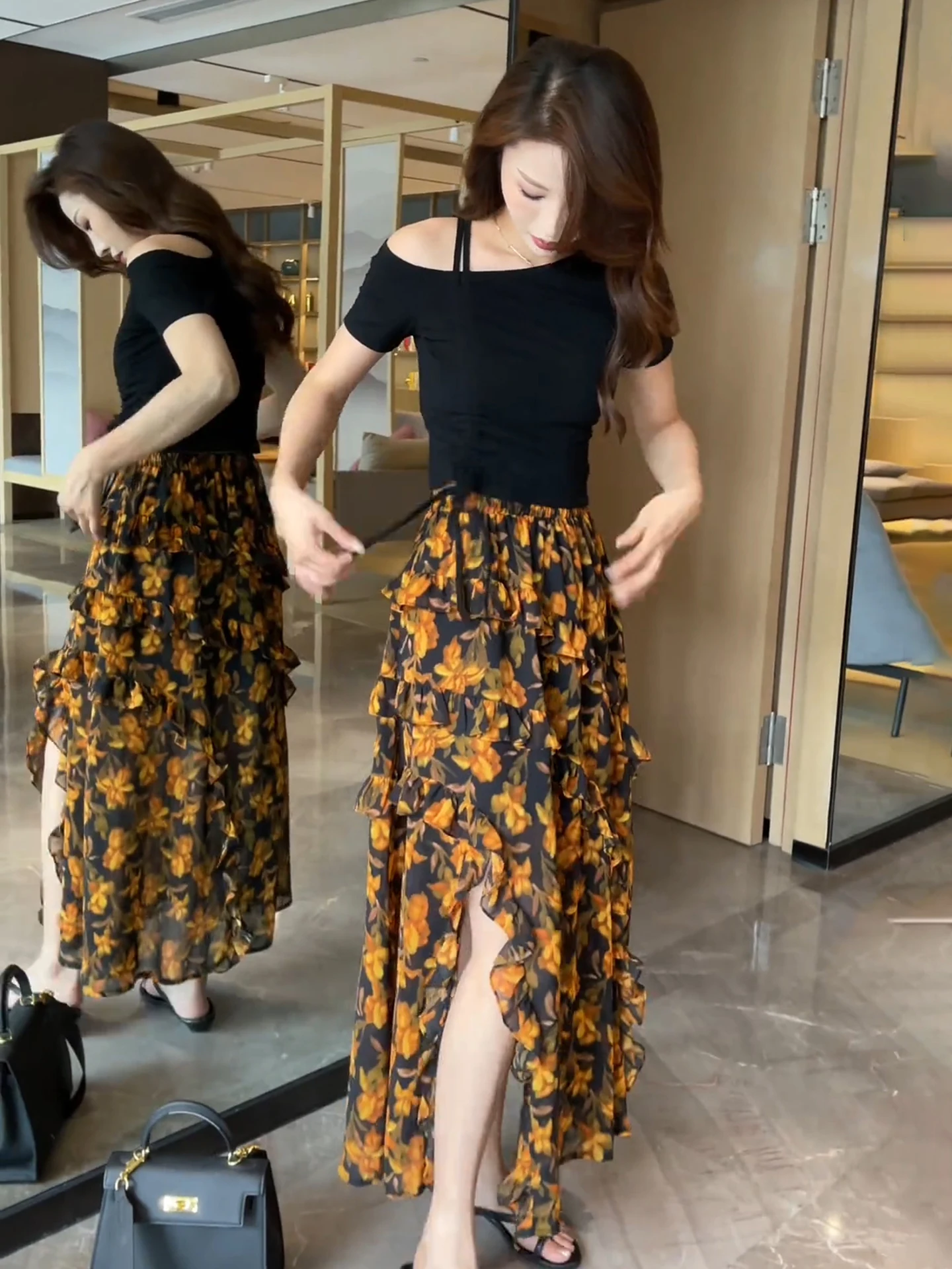 Saia Midi de Cintura Alta com Estampa Floral para Mulheres Verão 2025 Novo Estilo Vibes de Férias Saia em A Efeito Emaecime...