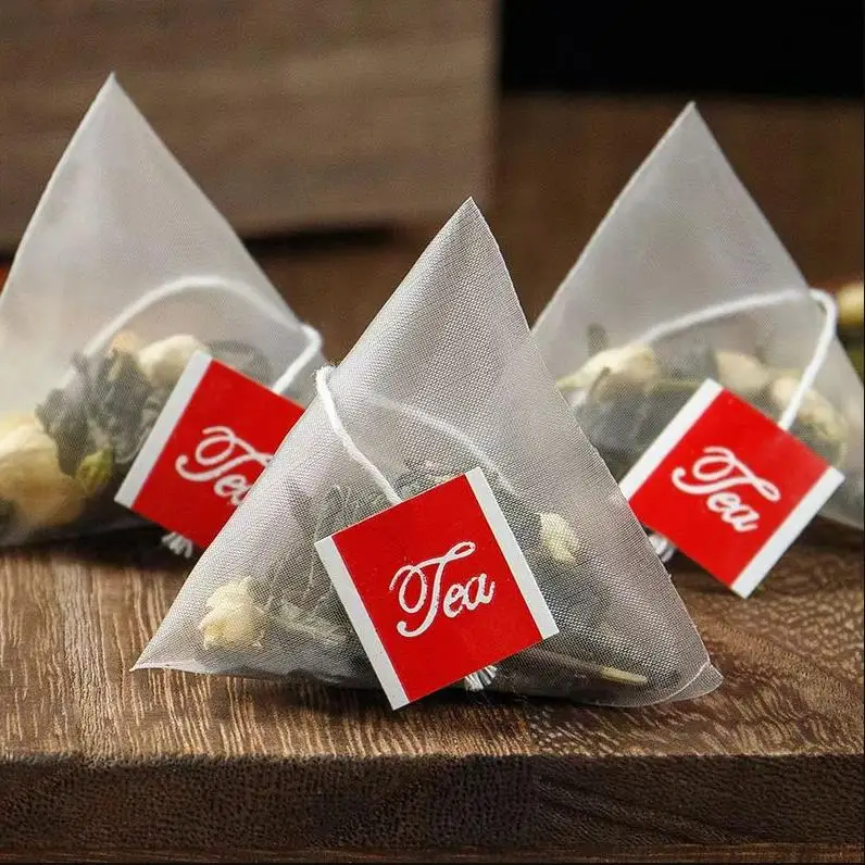 5000Pcs 5.5*7cm Pyramid Tea Bags Filters Nylon TeaBag Single String With Label Transparent Empty Tea Bags ni185