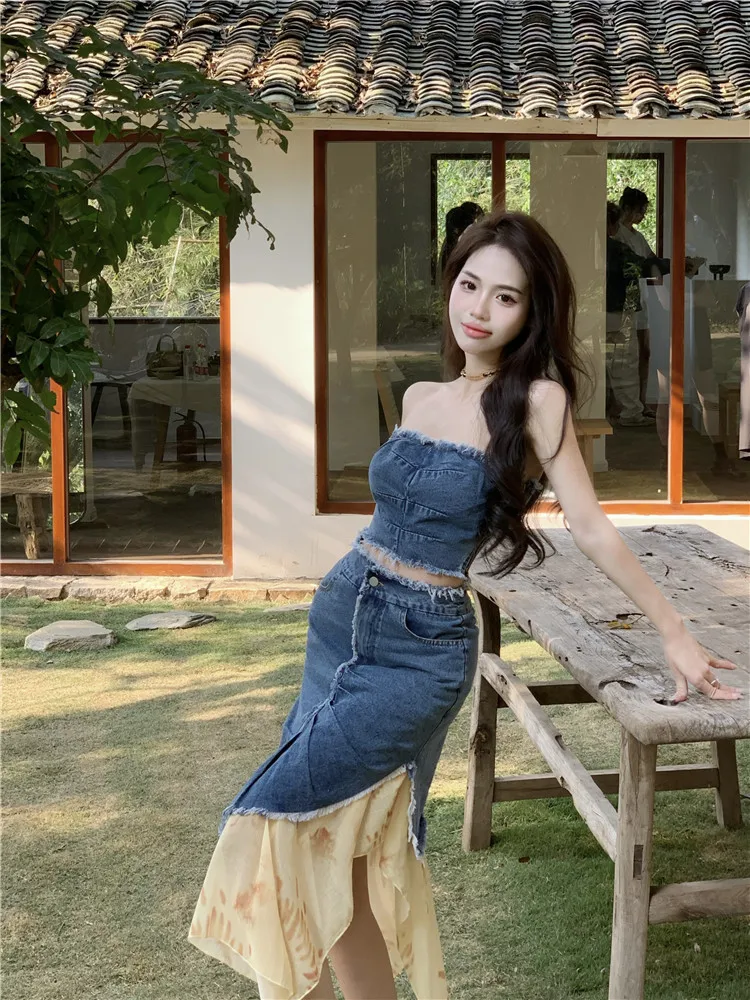 

Spring Jeans Sets For Women Irregularity Patchwork Denim Skirt Set Jeans Female Sleeve Tube top Jean Sleeveless Sexy Vest 0681