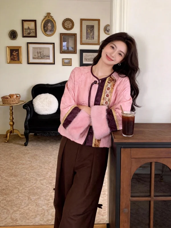 

Trendy Oversized round Neck Women's Jacket plus Size Fashionable Versatile Pink Cotton Outerwear Korean Style High Waist Long...