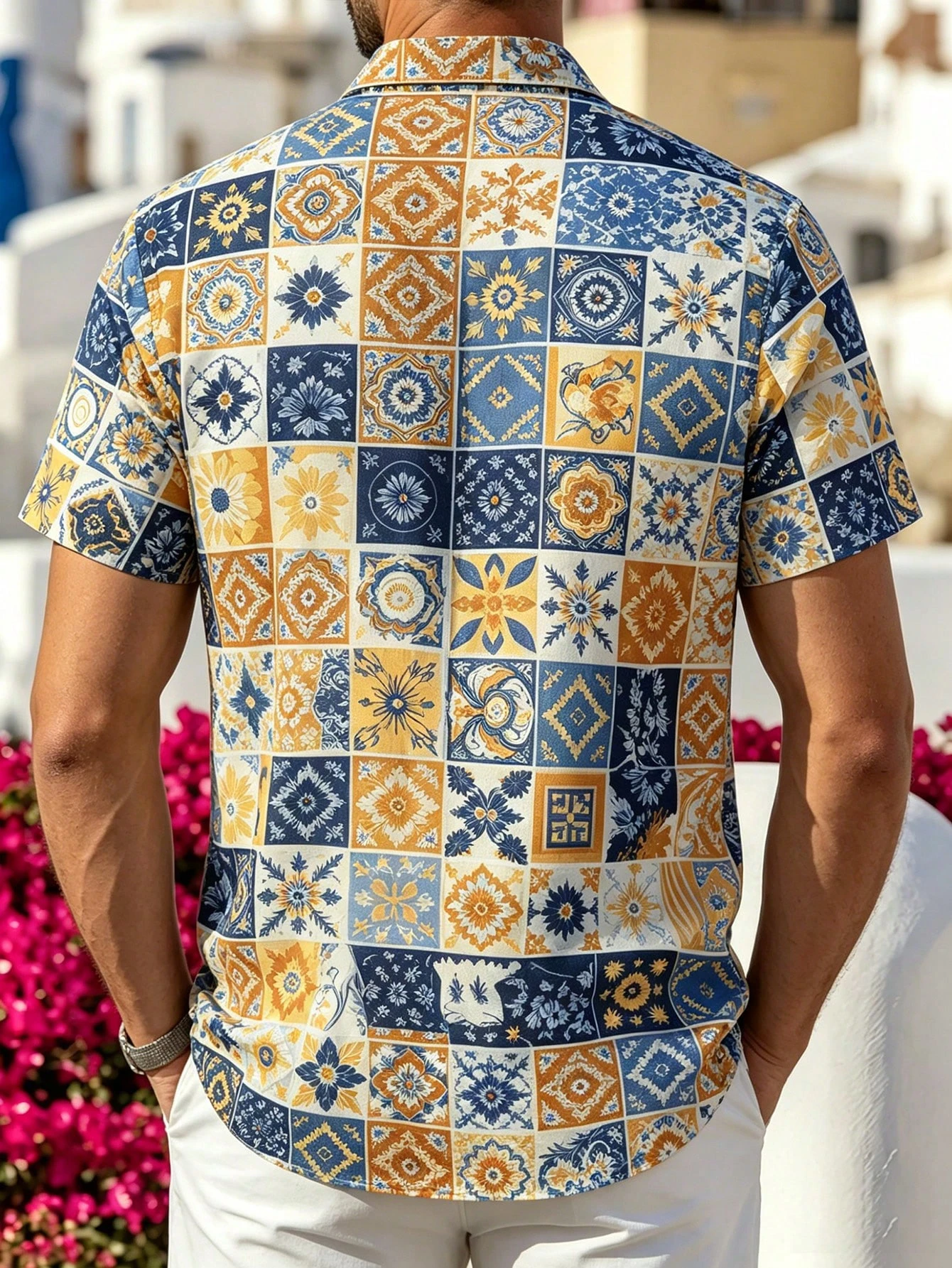 Men Blue Yellow Mediterranean Tile Floral Plaid Print Short Sleeve Shirt Turn‑down Collar Button Up Beach Vacation Casual Shirts