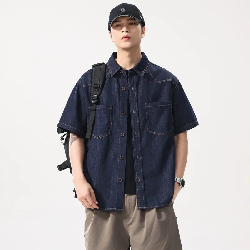 2026 Summer Thin Denim Shirts for Men Korean Fashion Loose Casual Plus Size Vintage Short Sleeve Shirts Japan Streetwear Y2k