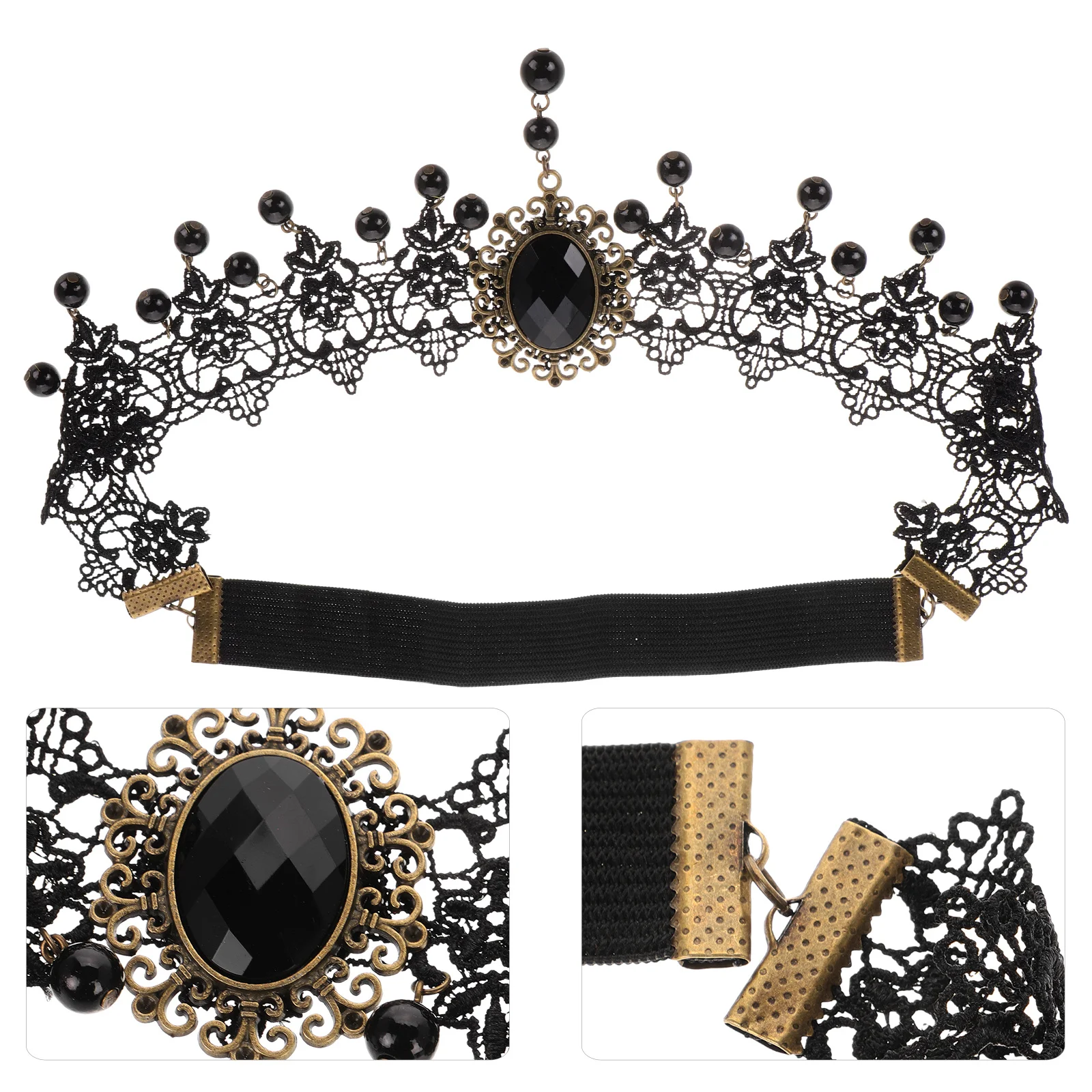 

Gothic Halloween Headband Lace Tassels Vintage Style Headpiece Masquerade Ball Accessory Crystal Pendant Necklace