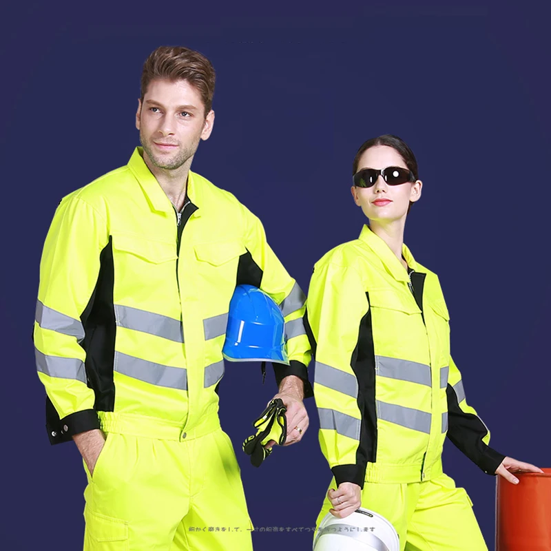 Safety Jacket with Reflective Stripes Two Tone Patchwork Working Jacket Men Workwear with Big Pockets Workshop Welding Jacket