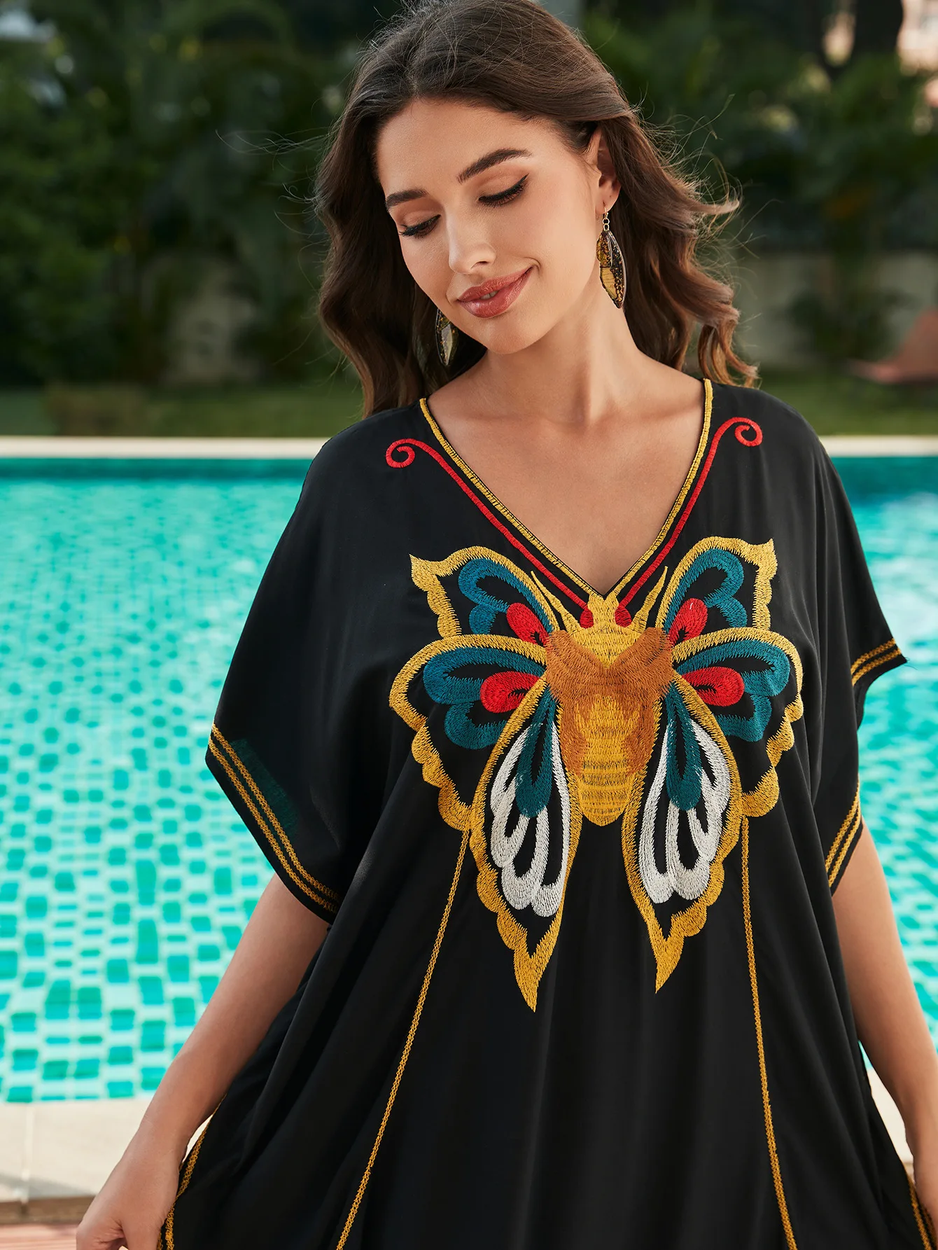 Black Butterfly Print Cover Up costumi da bagno donna 2024 Summer Robe Beach Bikini allentato protezione solare costume da bagno costume da bagno Monokini