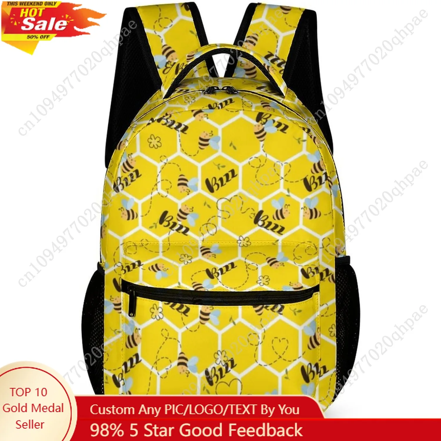

Bee Backpack for Kids Girls Boys School, 16 Inches Cute Bee Theme Bookbag, Adjustable, Lightweight, Large Capacity, Colorful