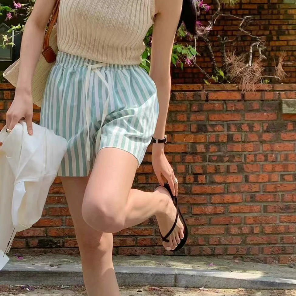 Casual Korean Style Striped Elastic Waist Drawstring Shorts Women's Fashion Summer Breathable Comfortable All-Match Pants