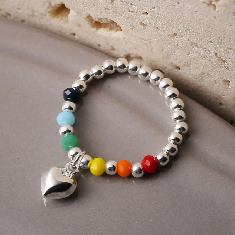 ANENJERY Square Heart Colored Rainbow Beaded Ring Female Cute Index Finger Ring bague femme anel