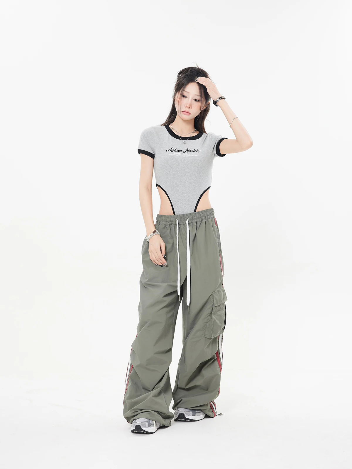 Y2K Women Cargo Pants Streetwear Wide Leg Casual Loose Striped Sports Sweatpants Parachute Track Harajuku Baggy Joggers Trousers