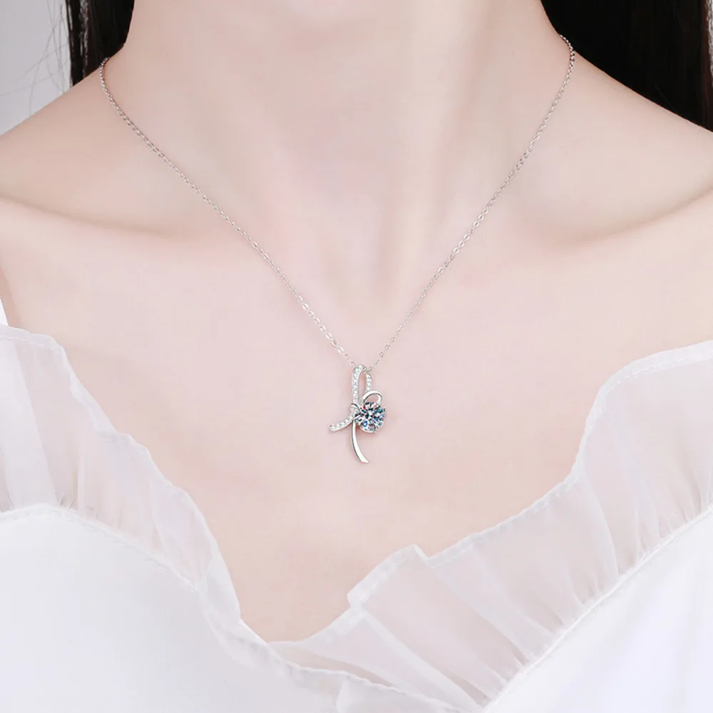 JoyceJelly S925 Sterling Silver Necklace with Dazzling 1 ct Moissanite Bow Pendant Portugal Cutting Lab Created Diamond Jewelry view 6