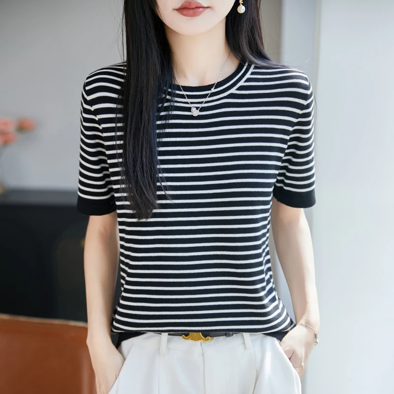 Summer New Style Pure Cotton Round Neck Knit Shirt For Women Short-Sleeved Narrow Striped Loose-Fitting Base Shirt T-Shirt Top
