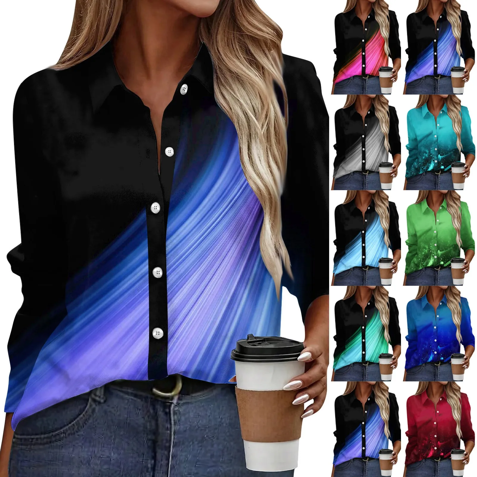 Women's Shirt Fashion Blouse gradient Print Button down Long Sleeve female Casual Loose Basic Shirt lapel Regular Top