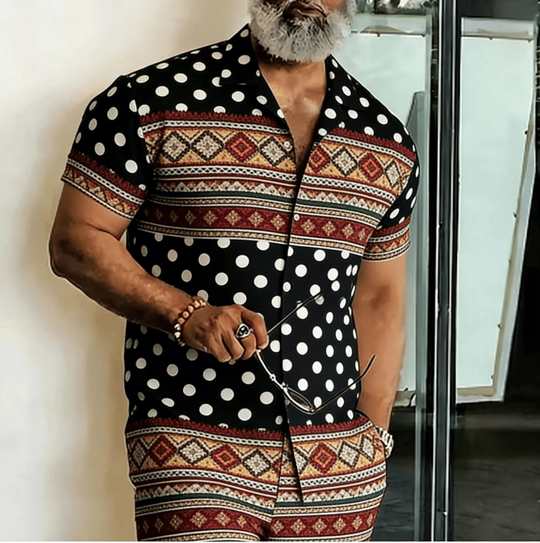 Men's Ethnic Geometric Stripe Patchwork Short Sleeve Shirt, Spring Summer Bohemian Blouse, Loose Casual Top