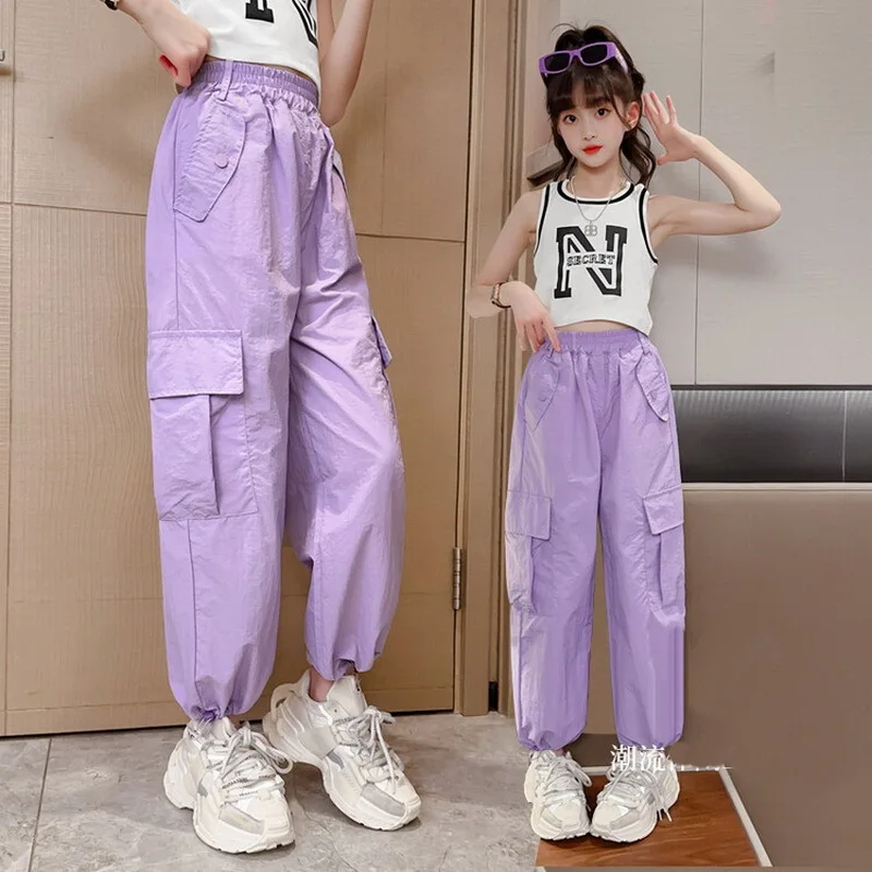 Girls Cargo Trousers Spring Fashion Teen Oversize Pants With Belt Pockets Harajuku Vintage Loose Straight Summer Kids Clothes