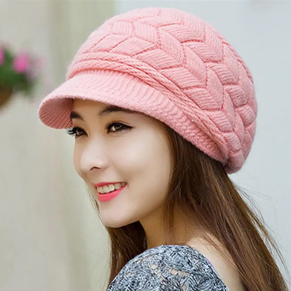 

Knitted Hat Warm Flat Brim Faux Rabbit Fur Beanie Winter for Women Autumn Winter Baggy Beret Knitted Beanies Caps Skullies