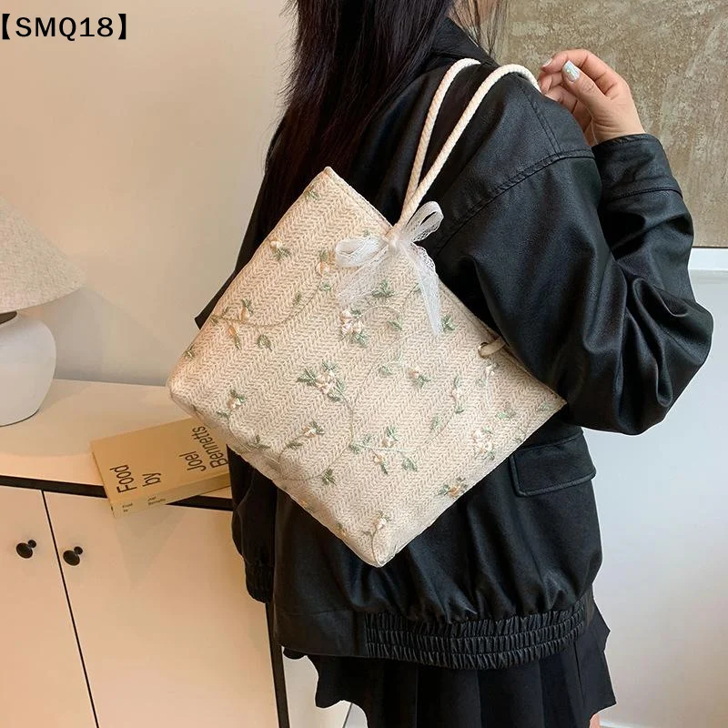 Woven Straw Tote Bag With Floral Embroidery And Lace Bow Detail Shoulder Bag Perfect For Daily Commute Beach Trips Shopping【SMQ】