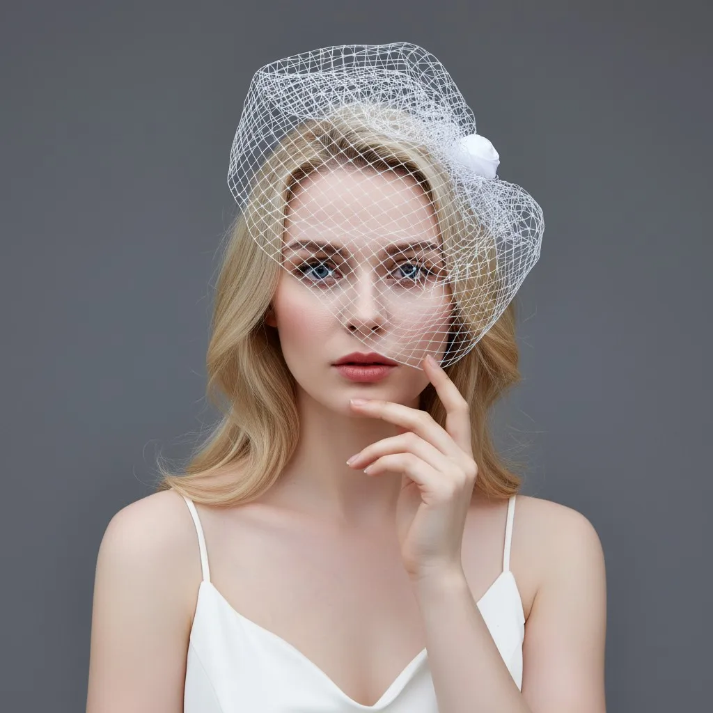 Vintage Birdcage Face Veil with Fabric Rose Hair Clip Fascinator Bridal Wedding Party Accessories for Bride Black White GA02