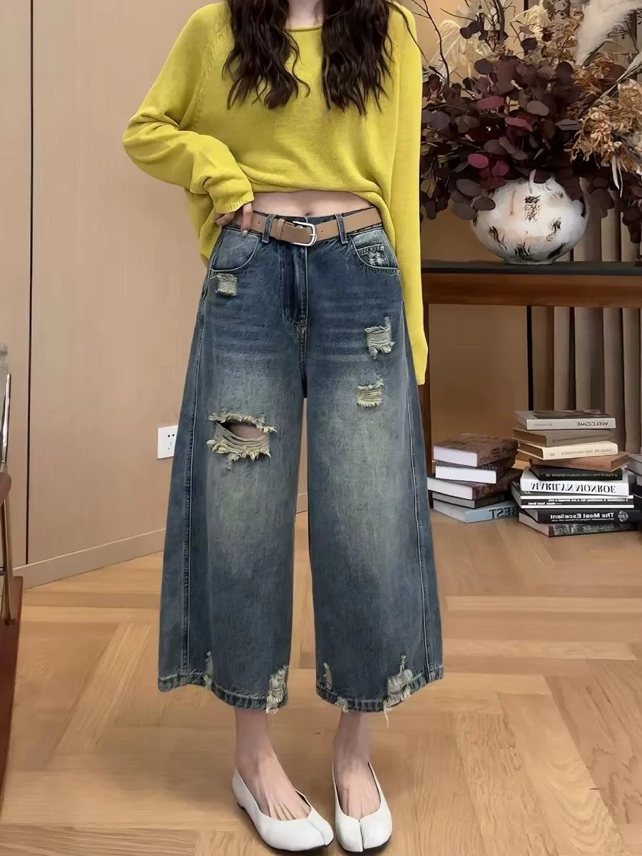 Summer Thin Wide Leg Jeans Loose Fit Straight Cut Denim Pants Women's Pear Shape Slimming Small Size Eighteen Straight Tube