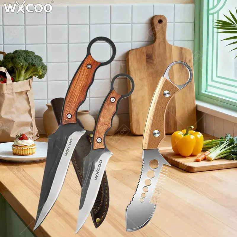 WXCOO Multifunctional Handmade Forged Kitchen Knife Meat Cleaver Boning Knife Onion Slicer Chopper Fish Scale Remover Scaler