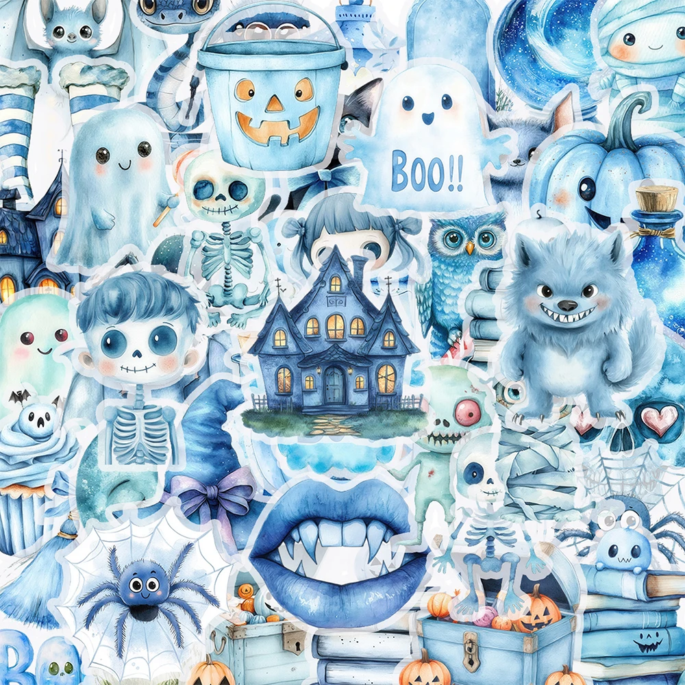 10/30/50pcs Simpatico Cartone Animato Blu Halloween Adesivi Kawaii Fantasma Teschio Decalcomanie per Moto Telefono Valigia PET Adesivo Divertimento per Il Giocattolo