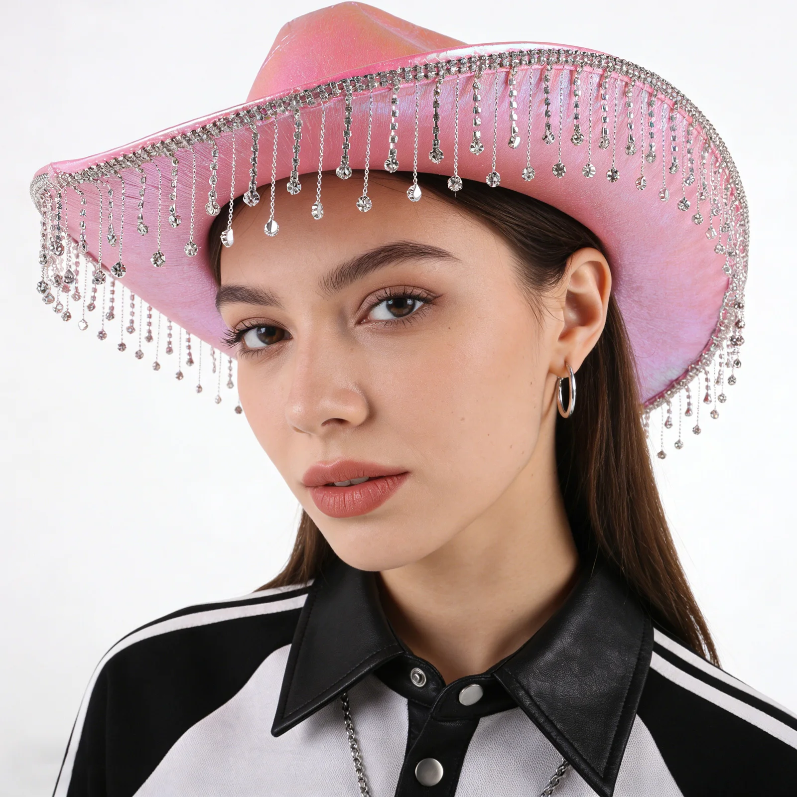 Pink Cowboy Hat Rhinestone Tassel Sparkly Cowgirl Hat Disco Party Costume Festival Birthday Decorations Embellished Hats
