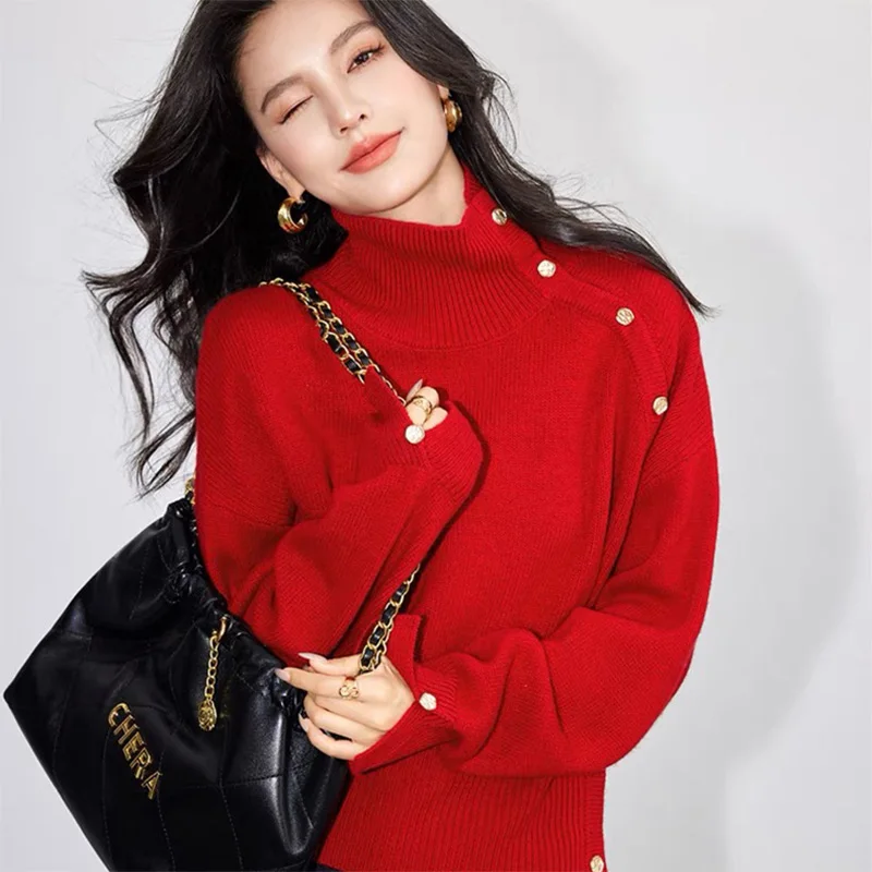 

2025 Autumn/Winter New 100% Wool Women's Knitted High Collar Pullover Solid Color Casual Sweater Loose Korean Edition Women'sTop