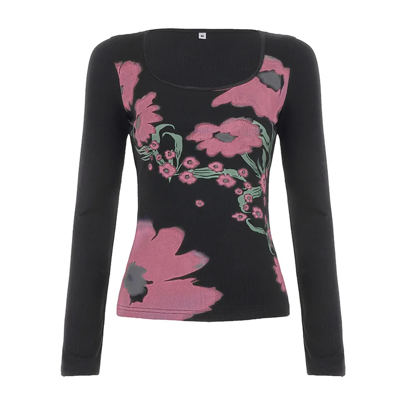 

Spicy Girl Floral Print Slim Fit Long Sleeved T-shirt Autumn Square Collar Personalized Threaded Base Shirt Top