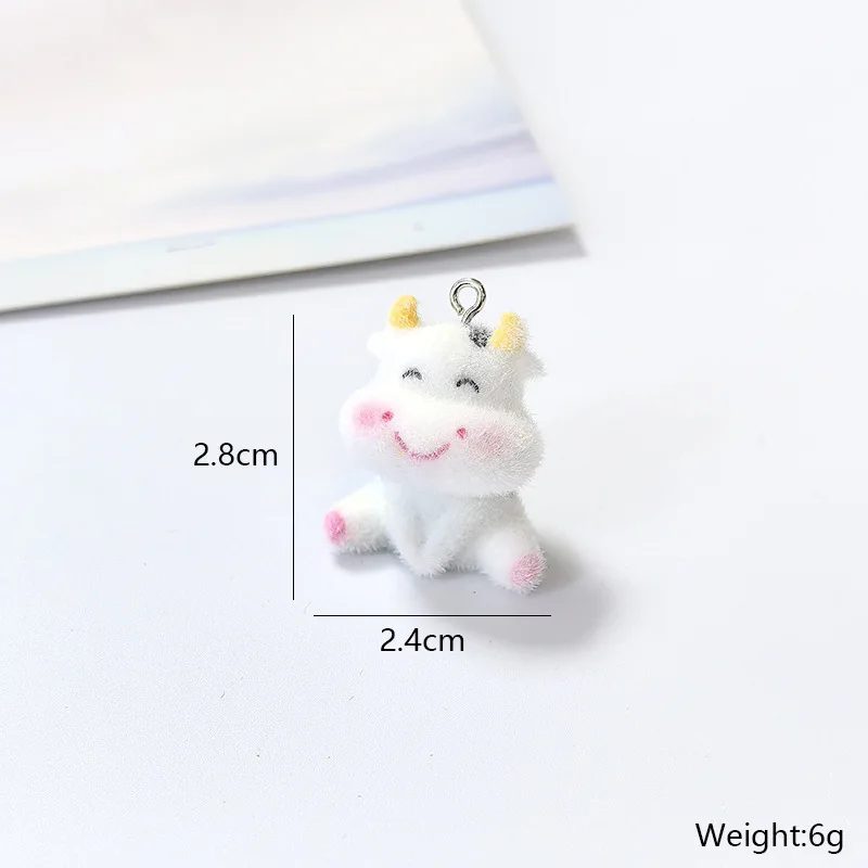 30pcs Cute Flocking dairy cattle Charms Cartoon resin animal Pendant for Keychain phone chain make Accessories