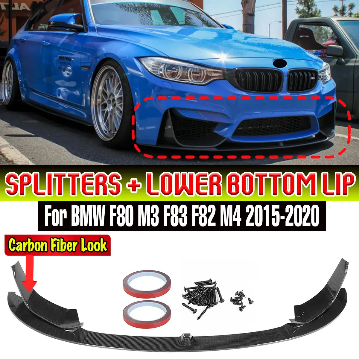 F80 Car Front Bumper Spoiler Lip Diffuser Body Kit + Side Splitter Aprons Guard Protector For BMW F80 M3 F83 F82 M4 2015-2020