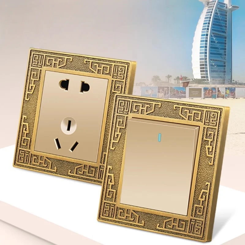 

Zinc Alloy Three-Dimensional Relief Pattern 86-Type Antique Copper Switch Panel With Fluorescent Night Indicator For Home Use
