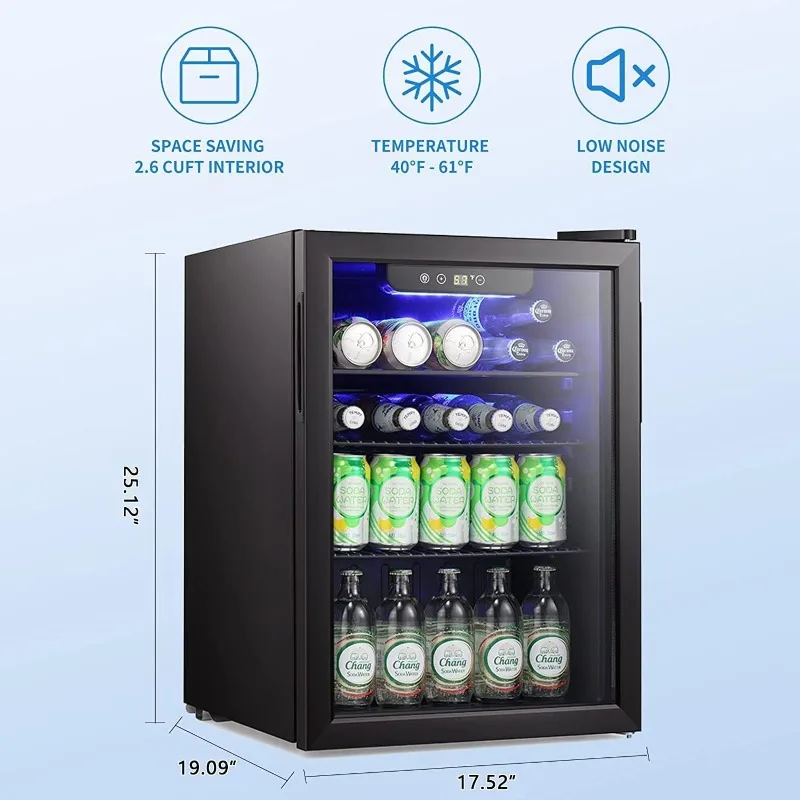 Antarctic Star 2.6 cu.ft Mini Fridge, 95 Can Beverage Refrigerator, Wine Cooler, Clear Front Glass Door Small Drink Touch Screen